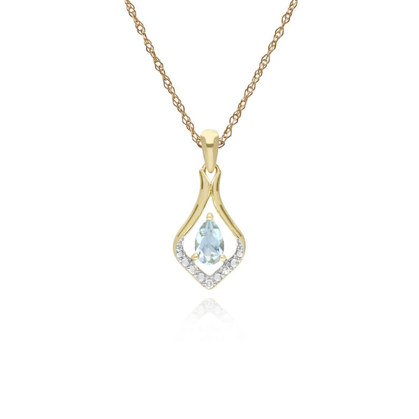 gemondo Classic Pear Aquamarine & Three Diamond Leaf Halo Pendant in 9ct Yellow Gold