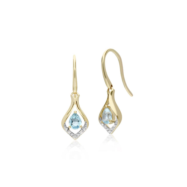 gemondo Classic Pear Blue Topaz & Diamond Leaf Halo Drop Earrings in 9ct Yellow Gold