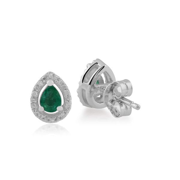 Gemondo Classic Pear Emerald & Diamond Halo Stud Earrings In 9ct White Gold