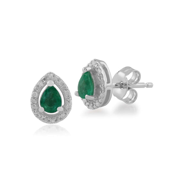 gemondo Classic Pear Emerald & Diamond Halo Stud Earrings in 9ct White Gold