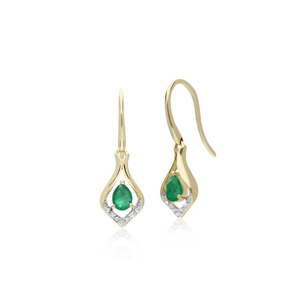 gemondo Classic Pear Emerald & Diamond Leaf Drop Earrings in 9ct Yellow Gold