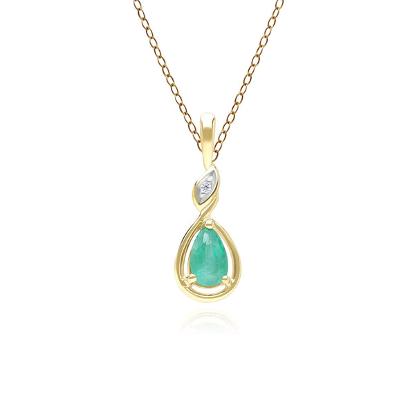 gemondo Classic Pear Emerald & Diamond Pendant Necklace In 9ct Yellow Gold