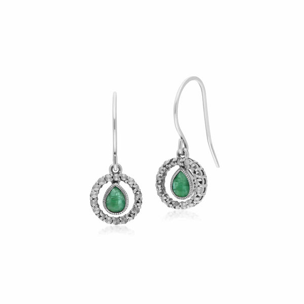 gemondo Classic Pear Emerald & Marcasite Round Halo Drop Earrings in 925 Sterling Silver