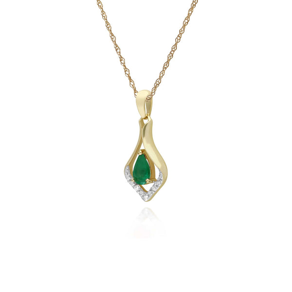 Gemondo Classic Pear Emerald & Three Diamond Leaf Halo Pendant In 9ct Gold