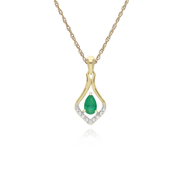 gemondo Classic Pear Emerald & Three Diamond Leaf Halo Pendant in 9ct Gold