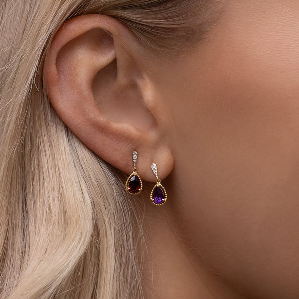 Gemondo Classic Pear Garnet & Diamond Drop Earrings In 9ct Yellow Gold