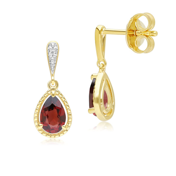 Gemondo Classic Pear Garnet & Diamond Drop Earrings In 9ct Yellow Gold