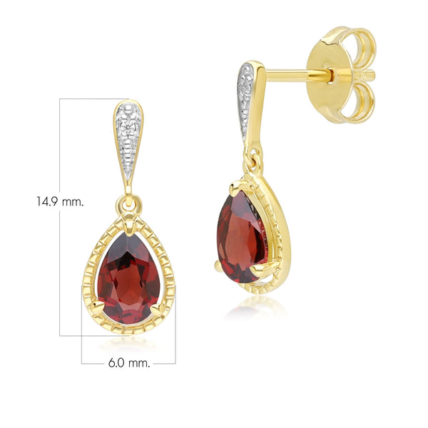 Gemondo Classic Pear Garnet & Diamond Drop Earrings In 9ct Yellow Gold