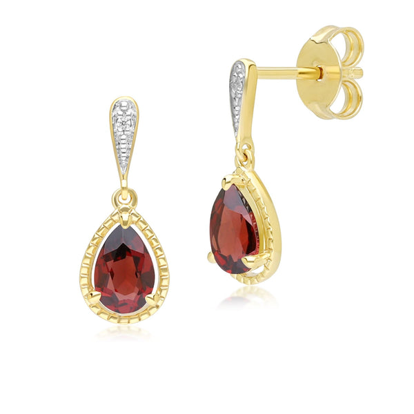 gemondo Classic Pear Garnet & Diamond Drop Earrings In 9ct Yellow Gold