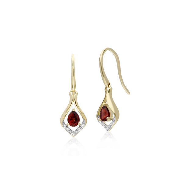 gemondo Classic Pear Garnet & Diamond Leaf Halo Drop Earrings in 9ct Yellow Gold