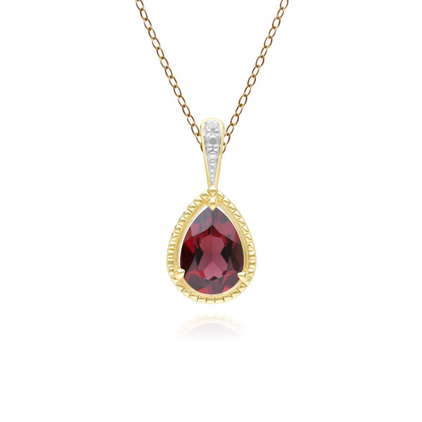 gemondo Classic Pear Garnet & Diamond Pendant Necklace In 9ct Yellow Gold
