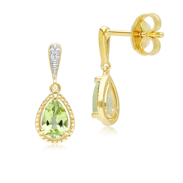 Gemondo Classic Pear Peridot & Diamond Drop Earrings In 9ct Yellow Gold
