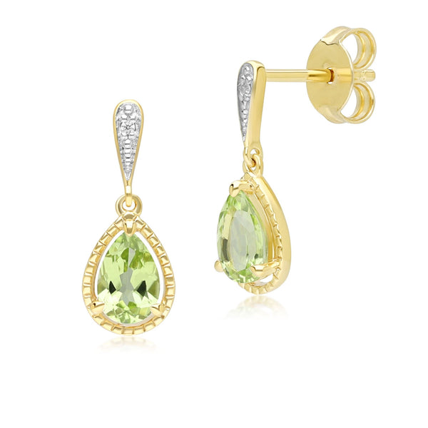 gemondo Classic Pear Peridot & Diamond Drop Earrings In 9ct Yellow Gold