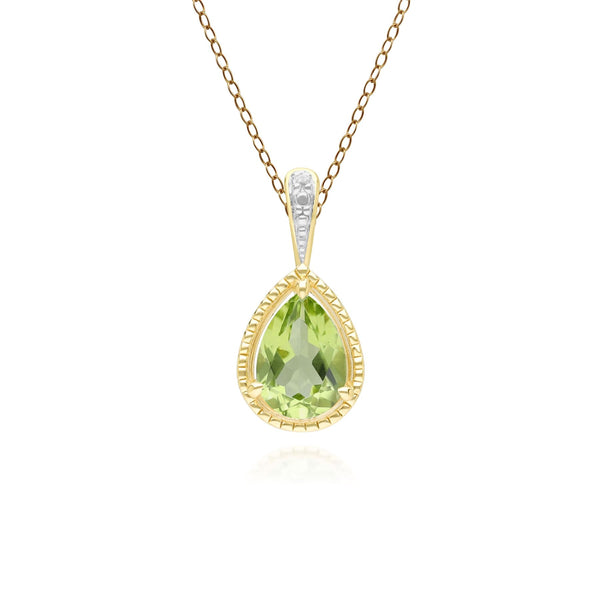 gemondo Classic Pear Peridot & Diamond Pendant Necklace In 9ct Yellow Gold