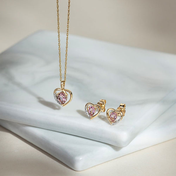 Gemondo Classic Pear Pink Tourmaline & Diamond Heart Pendant Necklace In 9ct Yellow Gold