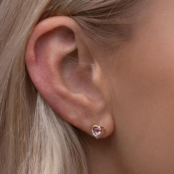 Gemondo Classic Pear Pink Tourmaline & Diamond Heart Stud Earrings In 9ct Yellow Gold