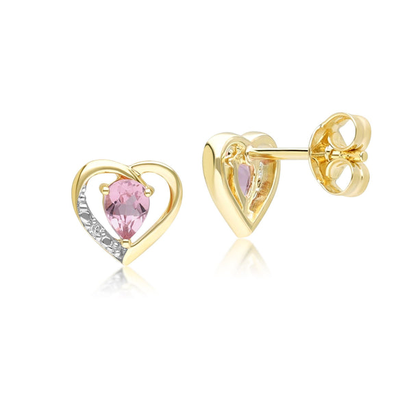 Gemondo Classic Pear Pink Tourmaline & Diamond Heart Stud Earrings In 9ct Yellow Gold