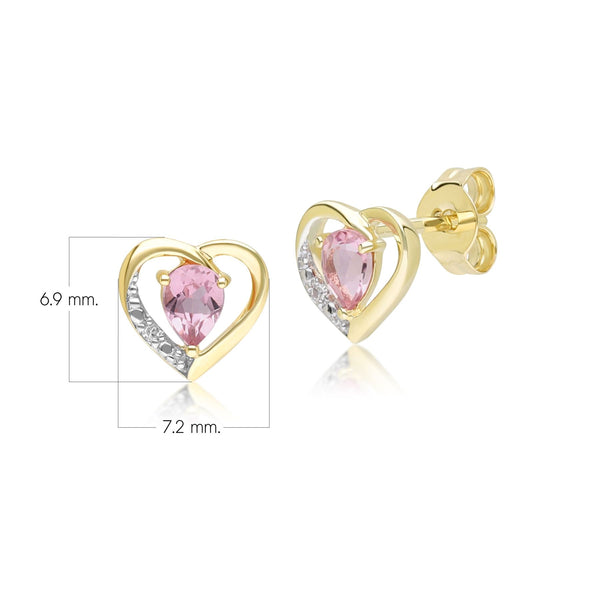 Gemondo Classic Pear Pink Tourmaline & Diamond Heart Stud Earrings In 9ct Yellow Gold