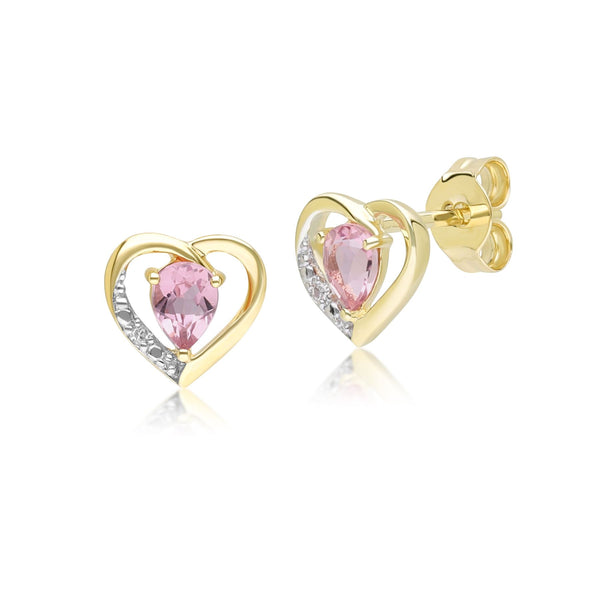 gemondo Classic Pear Pink Tourmaline & Diamond Heart Stud Earrings In 9ct Yellow Gold