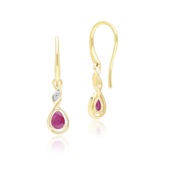 Gemondo Classic Pear Ruby & Diamond Drop Earrings In 9ct Yellow Gold