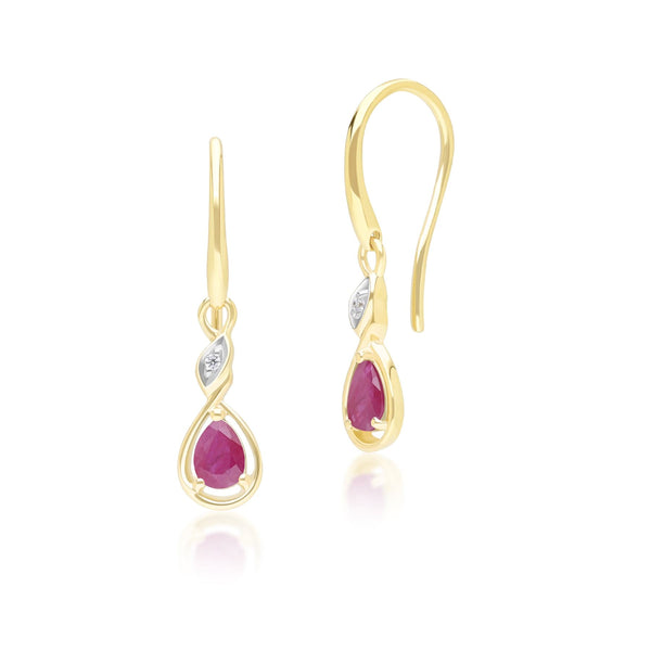 gemondo Classic Pear Ruby & Diamond Drop Earrings In 9ct Yellow Gold
