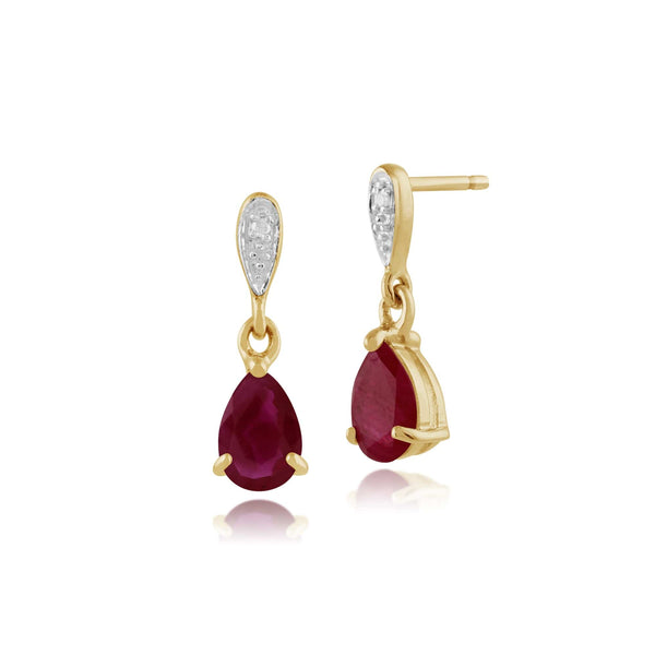 gemondo Classic Pear Ruby & Diamond Drop Earrings in 9ct Yellow Gold