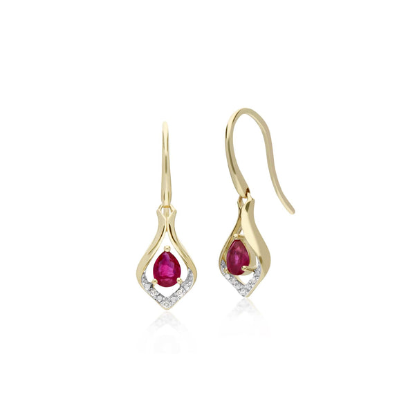 gemondo Classic Pear Ruby & Diamond Leaf Halo Drop Earrings in 9ct Yellow Gold