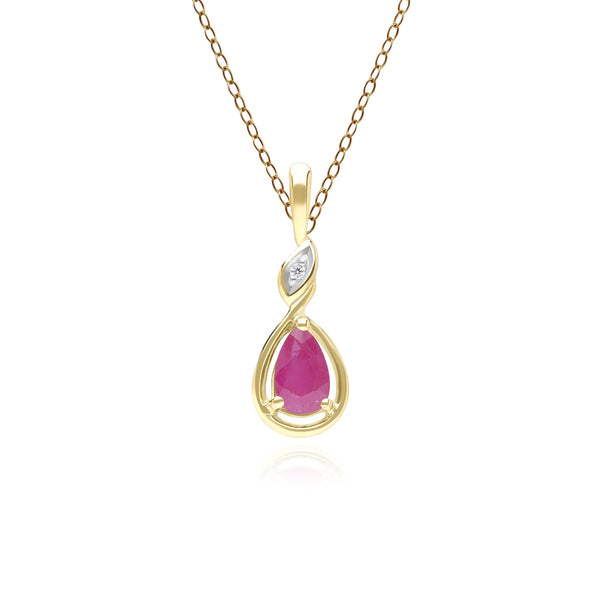 gemondo Classic Pear Ruby & Diamond Pendant Necklace In 9ct Yellow Gold