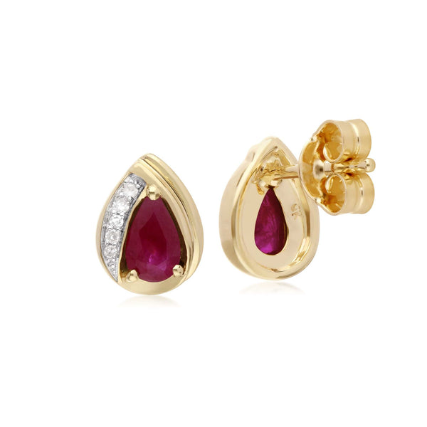 Gemondo Classic Pear Ruby & Diamond Tear Drop Stud Earrings In 9ct Yellow Gold