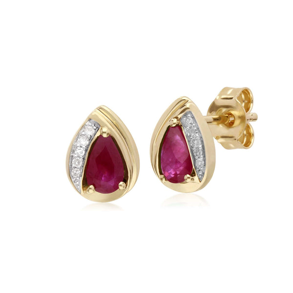 gemondo Classic Pear Ruby & Diamond Tear Drop Stud Earrings in 9ct Yellow Gold