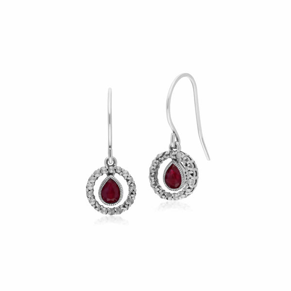 gemondo Classic Pear Ruby & Marcasite Round Halo Drop Earrings in 925 Sterling Silver
