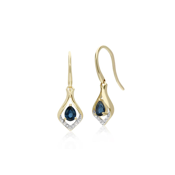 gemondo Classic Pear Sapphire & Diamond Leaf Halo Drop Earrings in 9ct Yellow Gold