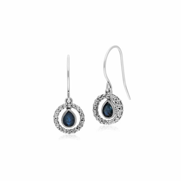 gemondo Classic Pear Sapphire & Marcasite Round Halo Drop Earrings in 925 Sterling Silver