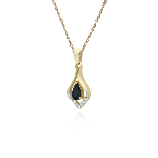 Gemondo Classic Pear Sapphire & Three Diamond Leaf Halo Pendant In 9ct Yellow Gold