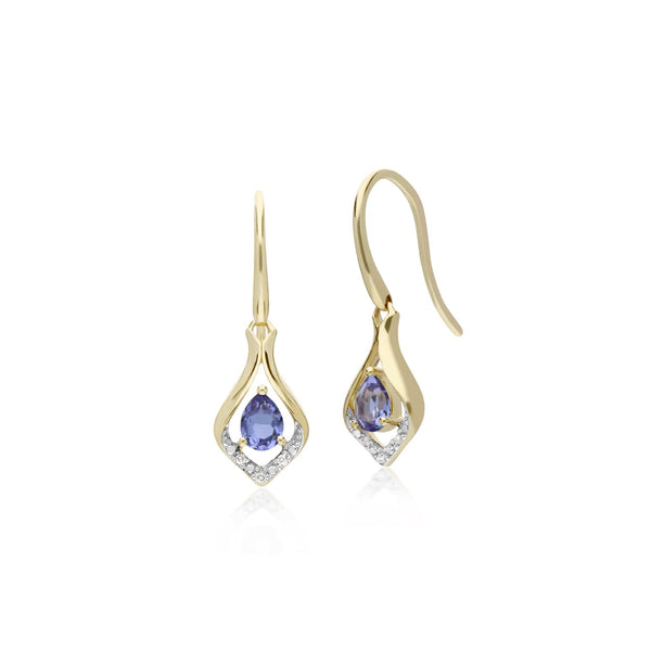 gemondo Classic Pear Tanzanite & Diamond Leaf Halo Drop Earrings in 9ct Yellow Gold