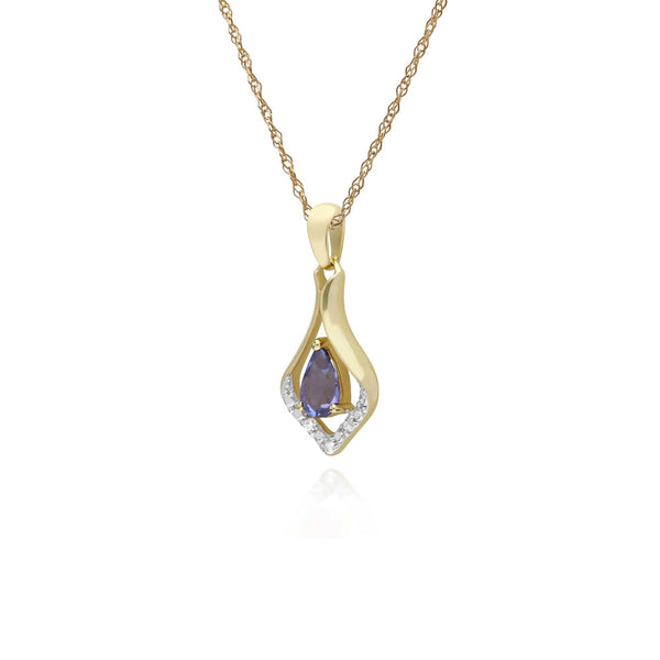 Gemondo Classic Pear Tanzanite & Three Diamond Leaf Halo Pendant In 9ct Yellow Gold