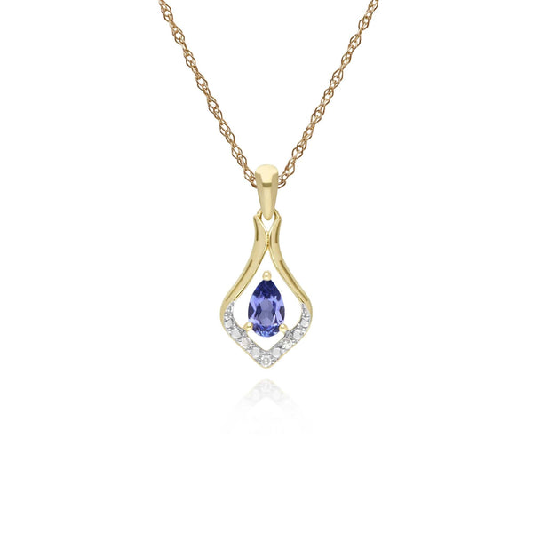 gemondo Classic Pear Tanzanite & Three Diamond Leaf Halo Pendant in 9ct Yellow Gold