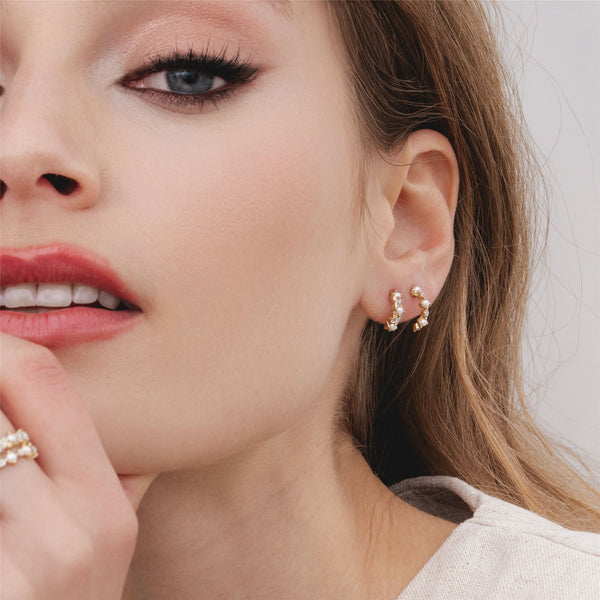 Gemondo Classic Pearl & Diamond Half Eternity Hoop Earrings In 9ct Yellow Gold