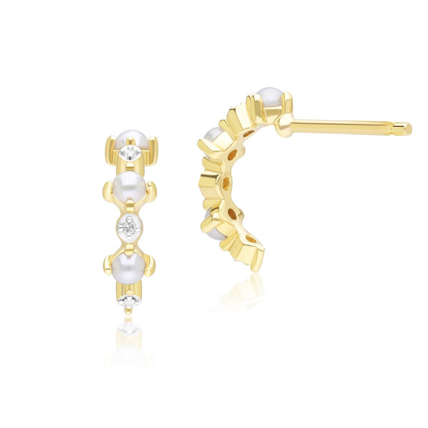 Gemondo Classic Pearl & Diamond Half Eternity Hoop Earrings In 9ct Yellow Gold