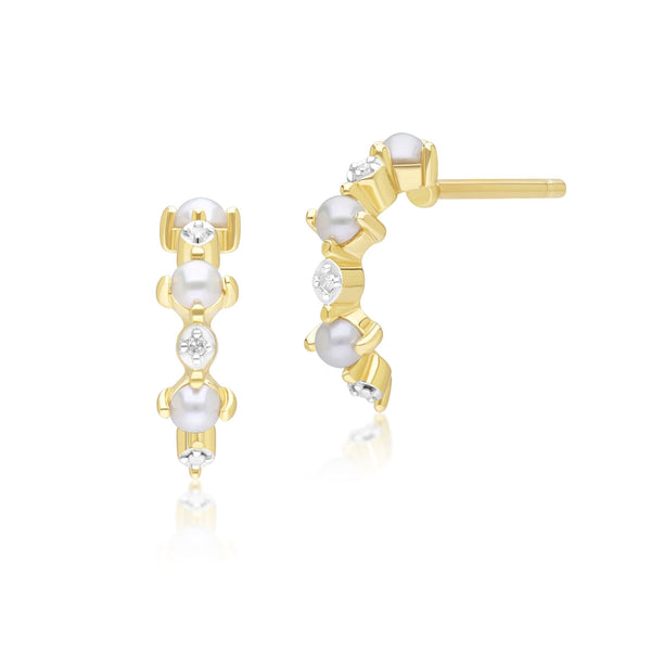 gemondo Classic Pearl & Diamond Half Eternity Hoop Earrings in 9ct Yellow Gold