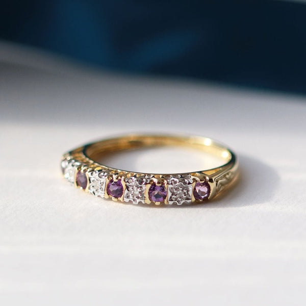 Gemondo Classic Round Amethyst & Diamond Half Eternity Ring In 9ct Yellow Gold
