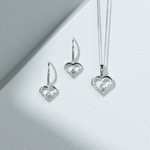 Gemondo Classic Round Aquamarine & Diamond Love Heart Shaped Drop Earrings In 9ct White Gold