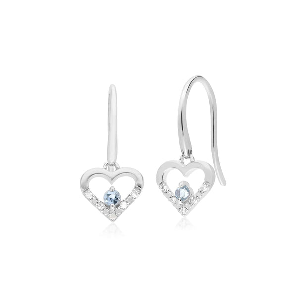 gemondo Classic Round Aquamarine & Diamond Love Heart Shaped Drop Earrings in 9ct White Gold