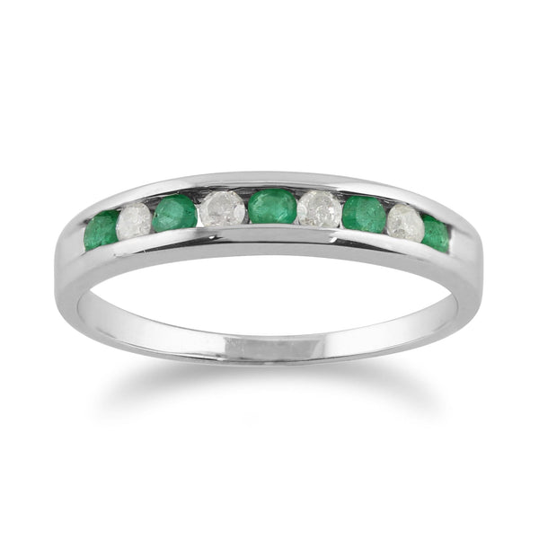 gemondo Classic Round Emerald & Diamond Half Eternity Ring in White 9ct Gold
