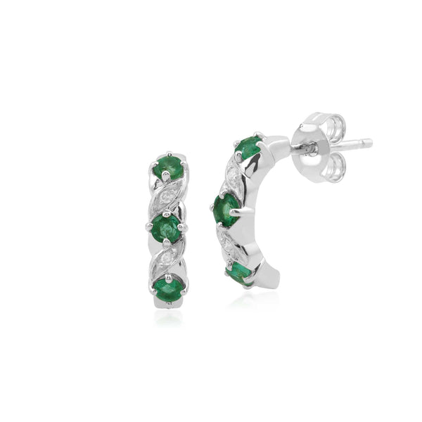 gemondo Classic Round Emerald & Diamond Half Hoop Earrings in 9ct White Gold