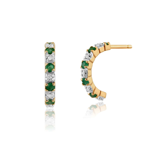 gemondo Classic Round Emerald & Diamond Half Hoop Style Earrings in 9ct Yellow Gold