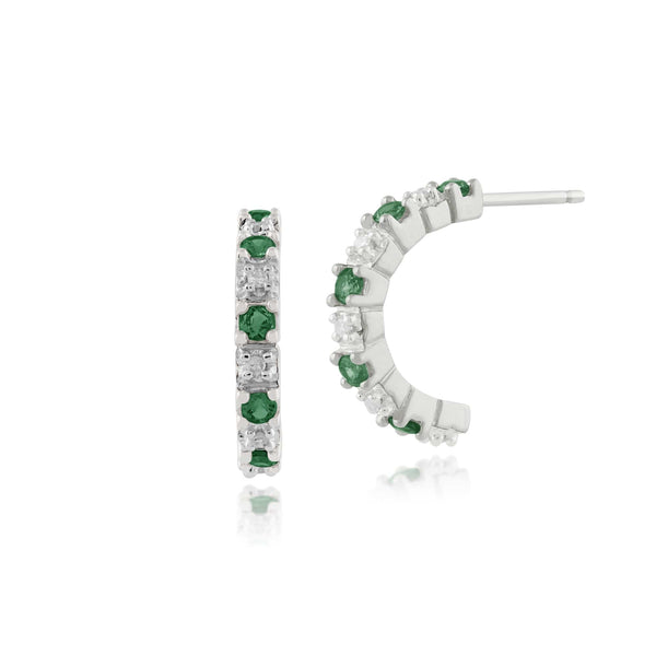gemondo Classic Round Emerald & Diamond Half Hoop Style Earrings in 9ct White Gold
