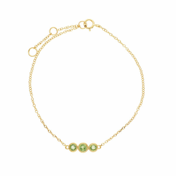 gemondo Classic Round Peridot Three Stone Milgrain Bracelet in 9ct Yellow Gold