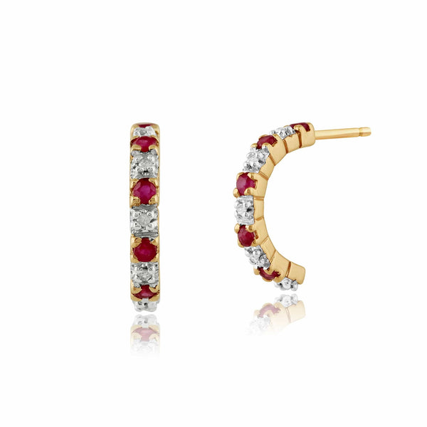 gemondo Classic Round Ruby & Diamond Half Hoop 9ct Gold Earrings
