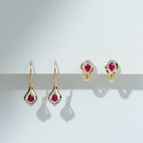 Gemondo Classic Round Ruby & Diamond Leaf Halo Lever Back Earrings In 9ct Yellow Gold